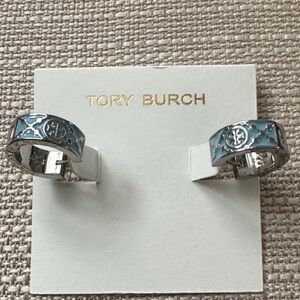 NWOT Tory Burch silver-tone and blue enamel logo huggie hoop earrings.